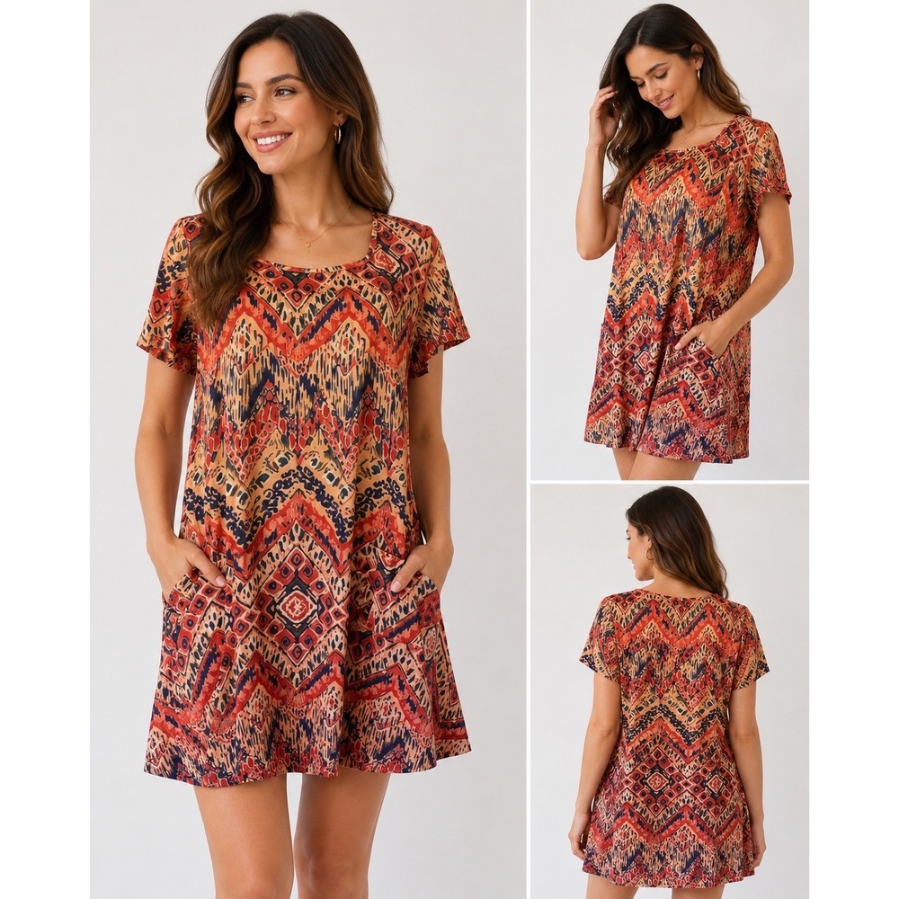 Ofeefan Womens Medium Tribal Geometric Print Shift T-Shirt Dress with Pockets